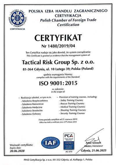 Certyfikat ISO 9001:2015 nr 1480/2019/04