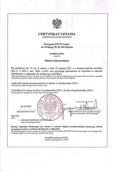 Certyfikat Uznania Ministra Infrastruktury nr 6/2023